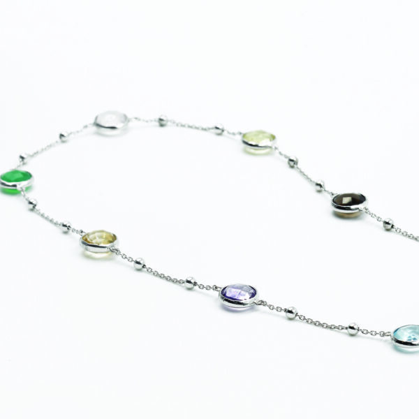 SNE118-A Vibrant Multi-Coloured Stones Necklace - White Gold-Plated Silver - Length VIew