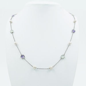 Aquamarine & Amethyst Pearl Necklace - White Gold-Plated Silver