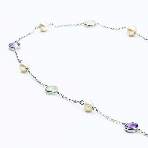 SNE121-A Aquamarine & Amethyst Pearl Necklace - White Gold-Plated Silver - Table View