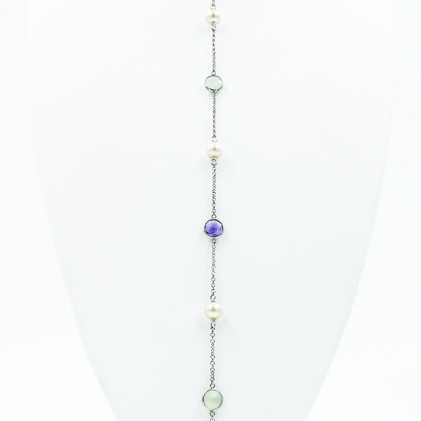 SNE121-B Aquamarine & Amethyst Pearl Necklace - White Gold-Plated Silver - Length View