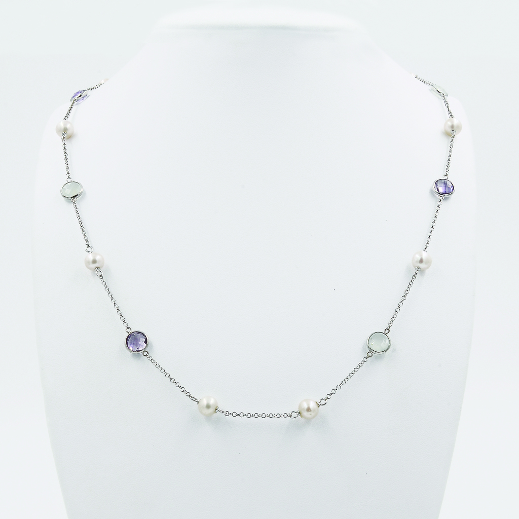 Aquamarine & Amethyst Pearl Necklace - White Gold-Plated Silver